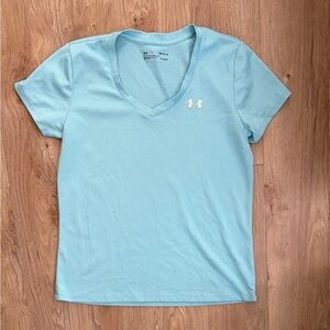 Under Armour Women’s Light Aqua V-Neck Short Sleeve Tee Meshy Cool Summer Sz M